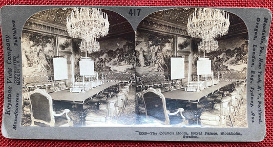The Council Room - Royal Palace - Stockholm, Sweden - Vintage Stereoview Card - 1920s Educational Series