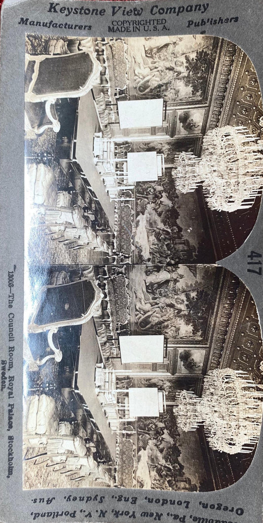 The Council Room - Royal Palace - Stockholm, Sweden - Vintage Stereoview Card - 1920s Educational Series