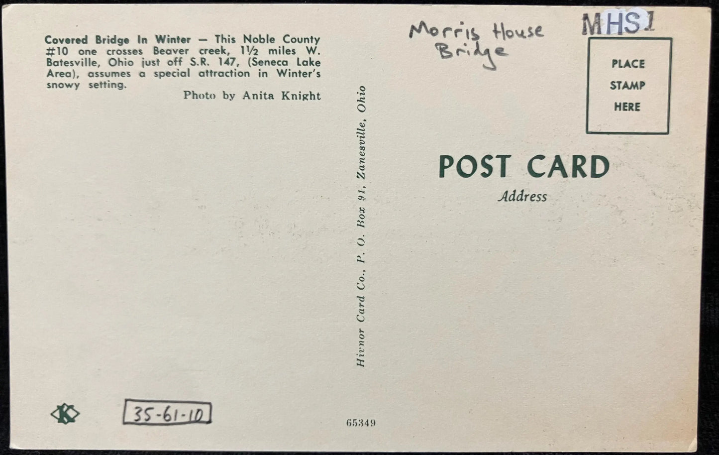 Covered Bridge in Noble County, Ohio - Morris House Bridge - Photo: Anita Knight - Vintage Covered Bridge Postcard