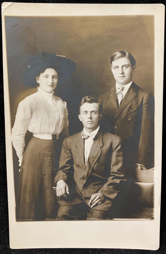 RPPC - Sister and Two Brothers - Adult Siblings in formal Photo - Real Photo postcard - about 1900
