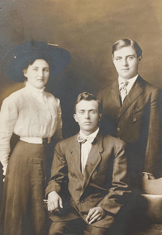 RPPC - Sister and Two Brothers - Adult Siblings in formal Photo - Real Photo postcard - about 1900