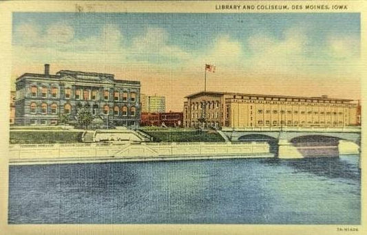 Library and Coliseum, Des Moines, Iowa - Postcard 1940s (Used)
