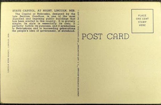Nebraska State Capitol - Lincoln, Nebraska -  Linen Postcard 1940s