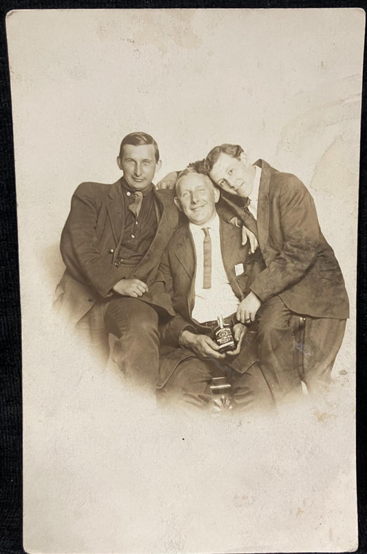 RPPC -Fun Formal Family Photo of Men with Bottle of Spirits - 3 Men and a Bottle of Booze - Unusual Real Photo Postcard - late 1930s?