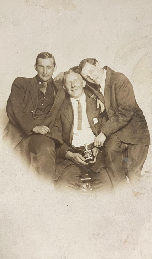 RPPC -Fun Formal Family Photo of Men with Bottle of Spirits - 3 Men and a Bottle of Booze - Unusual Real Photo Postcard - late 1930s?