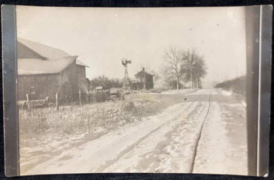 RPPC - Michigan Country Road, March 13, 1911 - Farm House with Windmill and Barns - Fresh Fallen Snow -  Country Scene - Real Photo Postcard