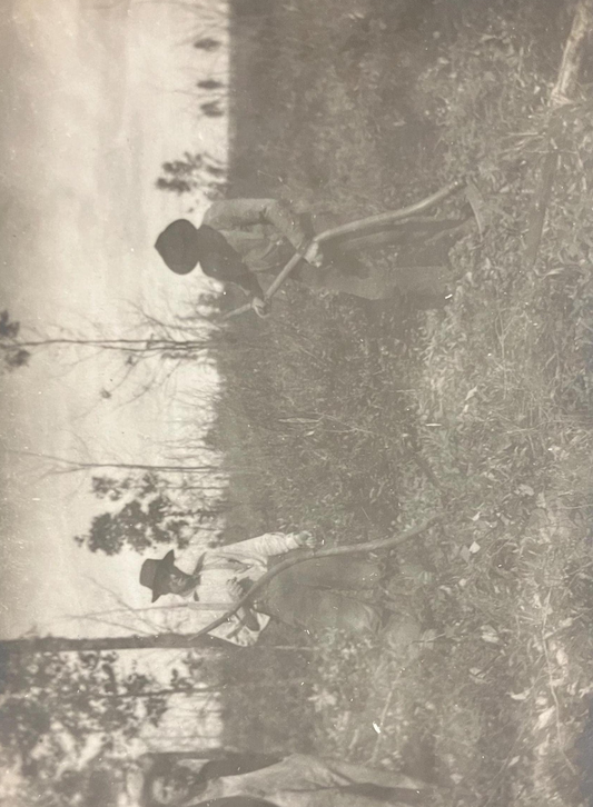 RPPC - Three Men Standing in a Field, Two in Hats are Using Scythes to Cut the Vegetation - a Third man is Visiting - 1930s Midwest Photo