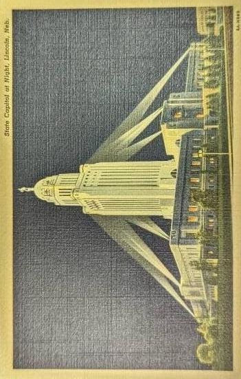Nebraska State Capitol - Lincoln, Nebraska -  Linen Postcard 1940s