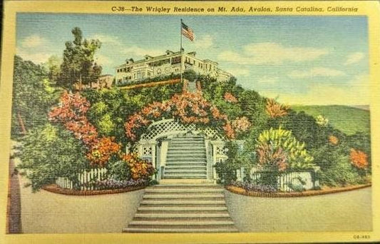 The Wrigley Residence on Mt. Ada, Avalon, Santa Catalina, California - Linen Postcard 1940s (Used)