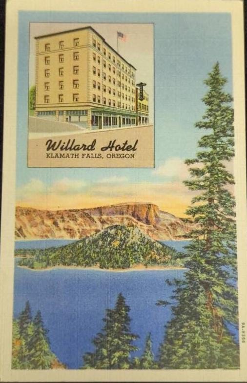 Crater Lake, Willard Hotel in Klamath Falls, Oregon - Linen Postcard 1940s