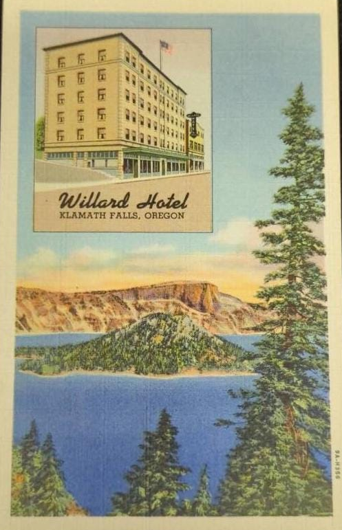 Crater Lake, Willard Hotel in Klamath Falls, Oregon - Linen Postcard 1940s