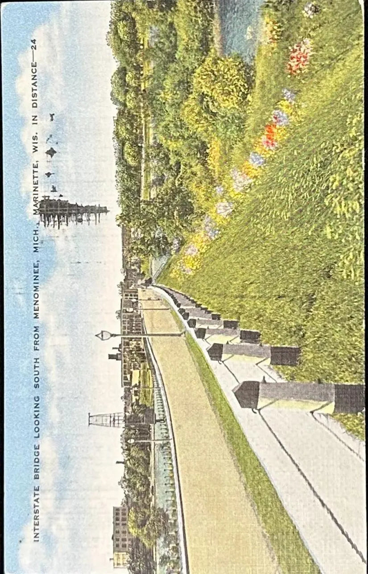 Interstate Bridge Looking South from Menominee, Michigan, Marinette, Wisconsin in distance - Vintage Linen Postcard