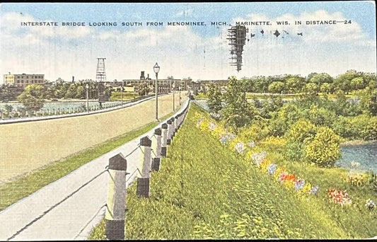 Interstate Bridge Looking South from Menominee, Michigan, Marinette, Wisconsin in distance - Vintage Linen Postcard