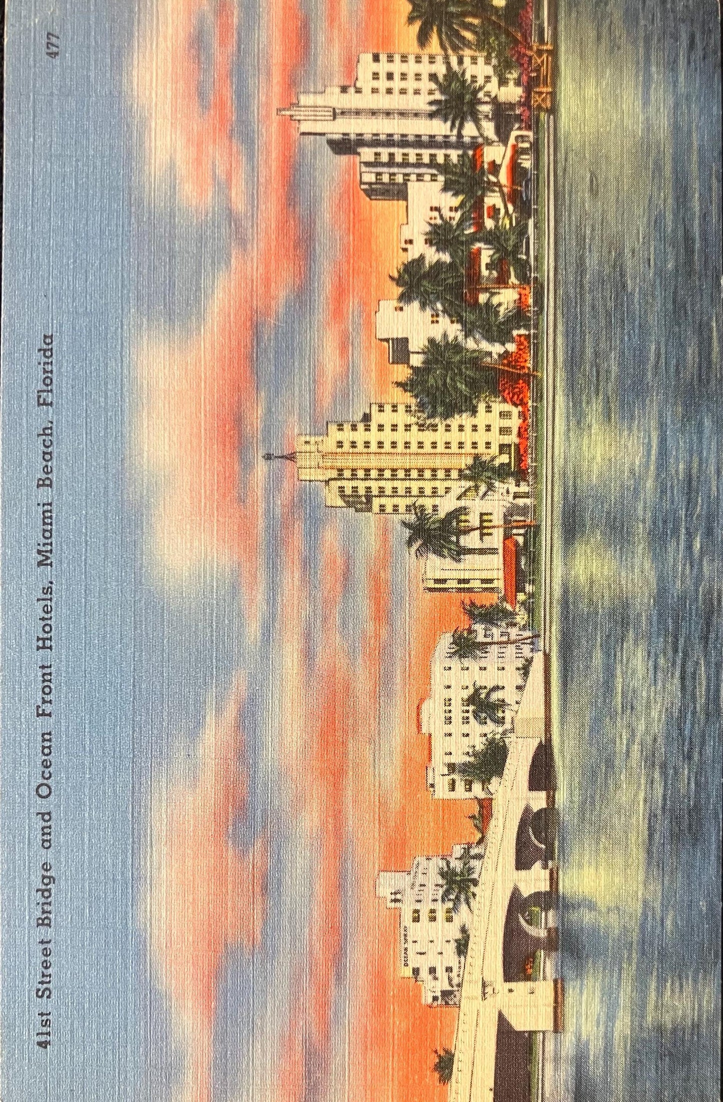 41st Street Bridge and Ocean Front Hotels, Miami Beach, Florida - Linen Bridge Postcard