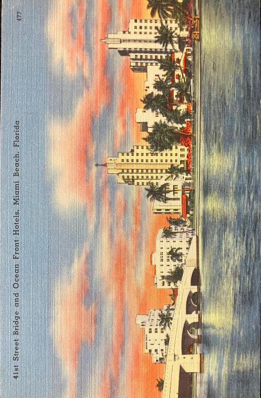 41st Street Bridge and Ocean Front Hotels, Miami Beach, Florida - Linen Bridge Postcard