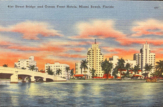 41st Street Bridge and Ocean Front Hotels, Miami Beach, Florida - Linen Bridge Postcard