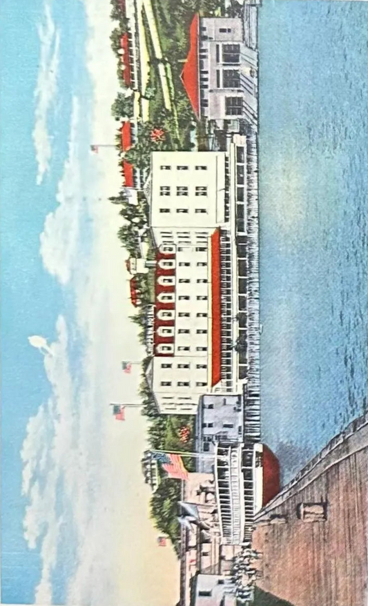 Chippewa Hotel, U.S. Life Saving Station showing Old Fort in Distance, Mackinac Island, Michigan - Linen Vintage Postcard