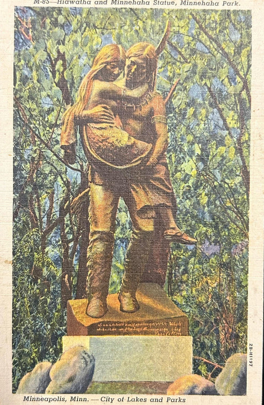 Hiawatha and Minnehaha Statue, Minnehaha Park - Minneapolis, Minnesota- Linen Postcard