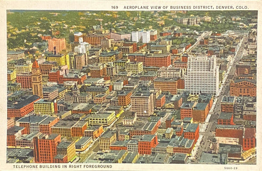 Aeroplane View of Business District, Denver, Colorado - Linen Postcard