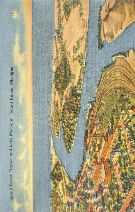 Grand Haven Harbor and Lake Michigan, Grand Haven, Michigan - Linen Postcard