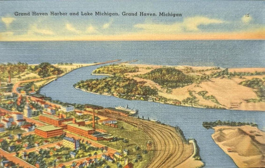 Grand Haven Harbor and Lake Michigan, Grand Haven, Michigan - Linen Postcard