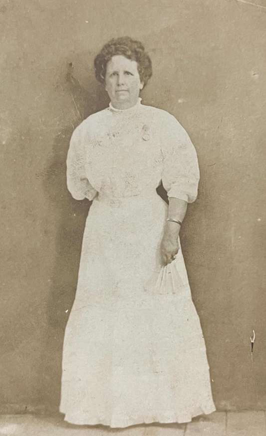 RPPC - Mature Lady in White posing with a White Fan - 1920s Real Photo Postcard