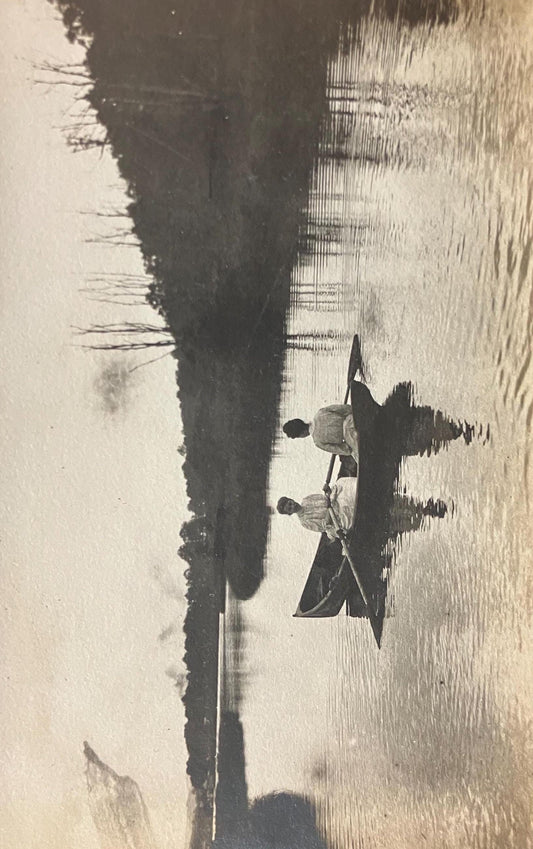 RPPC - Two Women Rowing on a River in Southern Michigan - Real Photo Postcard of Boating - Maybe Kalamazoo River - Cooling off in Summer 1900