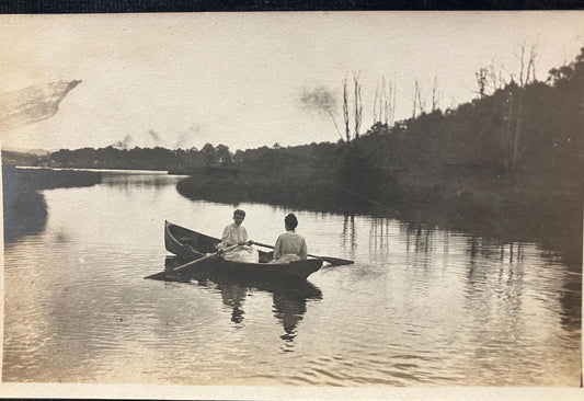 RPPC - Two Women Rowing on a River in Southern Michigan - Real Photo Postcard of Boating - Maybe Kalamazoo River - Cooling off in Summer 1900