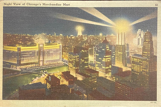 Night View of Chicago's Merchandise Mart, Illinois - 1940s Linen Postcard