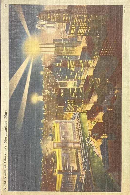 Night View of Chicago's Merchandise Mart, Illinois - 1940s Linen Postcard