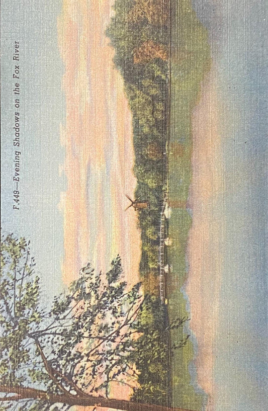 Evening Shadows on the Fox River, Northern Illinois - 1951 Linen Postcard