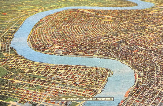 Mississippi River Crescent, New Orleans, Louisiana - 1940s Linen Postcard