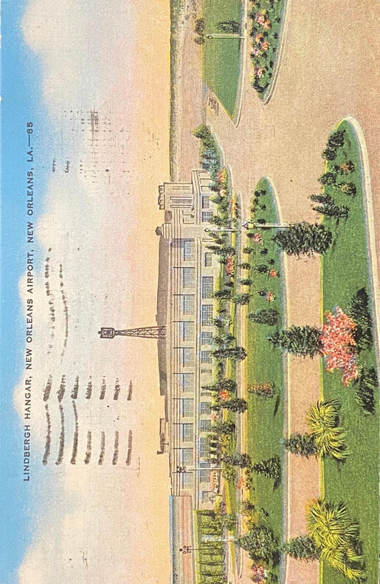 Lindbergh Hangar, New Orleans Airport, New Orleans, Louisiana - 1930s Linen Postcard
