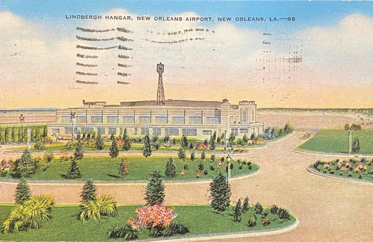 Lindbergh Hangar, New Orleans Airport, New Orleans, Louisiana - 1930s Linen Postcard