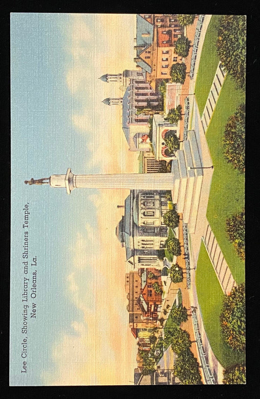 Lee Circle, Showing Library and Shriners Temple, New Orleans, Louisiana - 1937 Linen Postcard