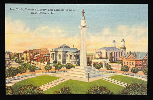 Lee Circle, Showing Library and Shriners Temple, New Orleans, Louisiana - 1937 Linen Postcard