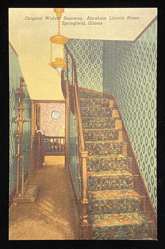 Original Walnut Stairway - Abraham Lincoln Home - Springfield, Illinois - 1952 Linen Postcard