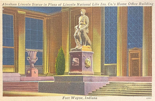 Abraham Lincoln Statue - Plaza of Lincoln National Life Ins. Co.'s Office Building - Fort Wayne, Indiana - 1940s Linen Postcard