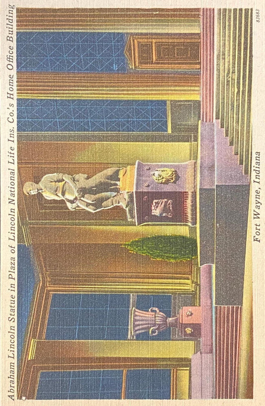 Abraham Lincoln Statue - Plaza of Lincoln National Life Ins. Co.'s Office Building - Fort Wayne, Indiana - 1940s Linen Postcard