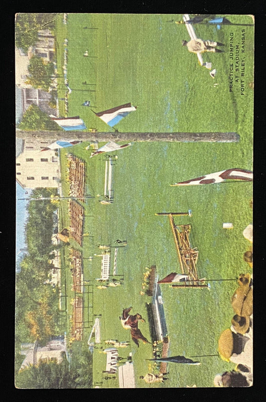 Practice Jumping at Stadium - Fort Riley, Kansas - 1940s Linen Postcard