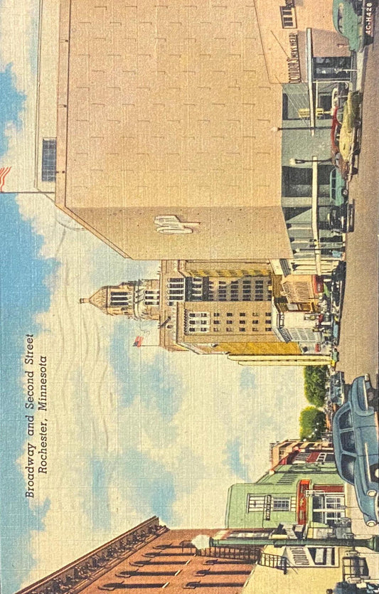 Broadway and Second Street - Rochester, Minnesota - 1956 Linen Postcard