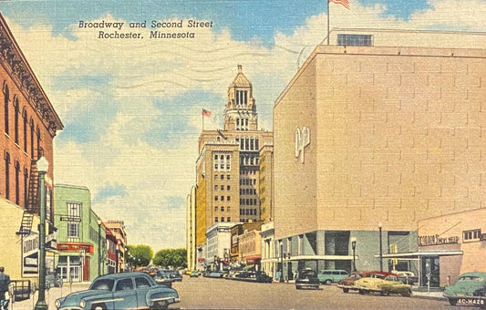 Broadway and Second Street - Rochester, Minnesota - 1956 Linen Postcard