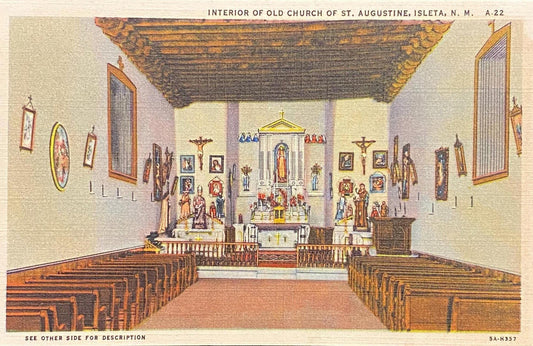 Interior of Old Church of St. Augustine - Isleta, New Mexico - 1935 Linen Postcard