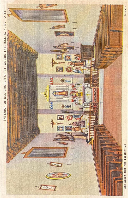 Interior of Old Church of St. Augustine - Isleta, New Mexico - 1935 Linen Postcard