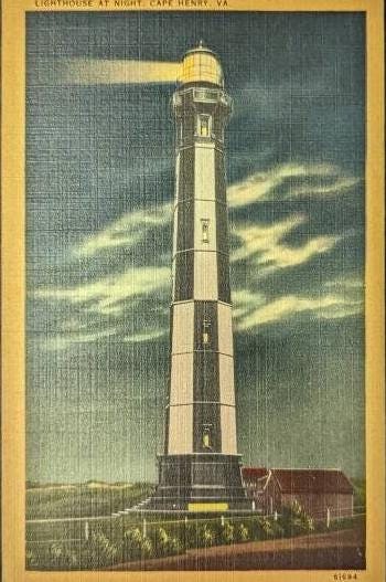 Lighthouse at Night - Cape Henry, Virginia - 1930s/1940s Postcard