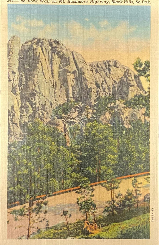 The Rock Wall - Mt. Rushmore Highway - Black Hills, South Dakota - 1937 Linen Postcard