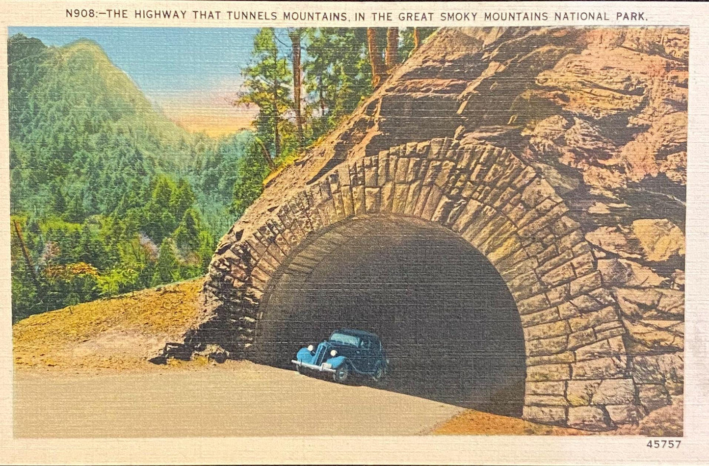 The Highway That Tunnels Mountains - The Great Smokey Mountains National Park, Tennessee - 1940s Linen Postcard