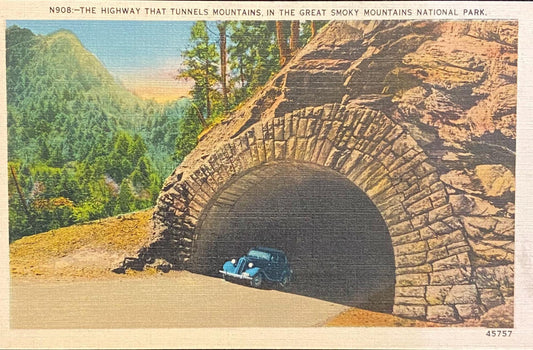 The Highway That Tunnels Mountains - The Great Smokey Mountains National Park, Tennessee - 1940s Linen Postcard