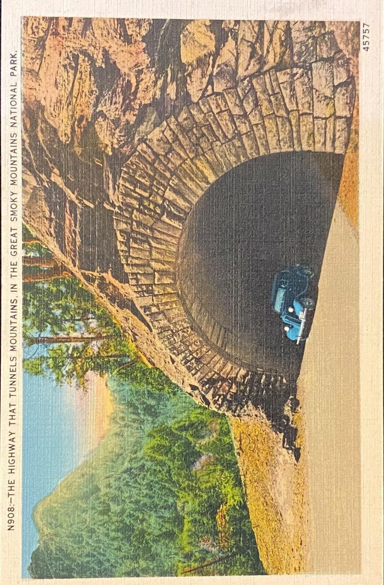 The Highway That Tunnels Mountains - The Great Smokey Mountains National Park, Tennessee - 1940s Linen Postcard