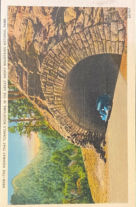 The Highway That Tunnels Mountains - The Great Smokey Mountains National Park, Tennessee - 1940s Linen Postcard